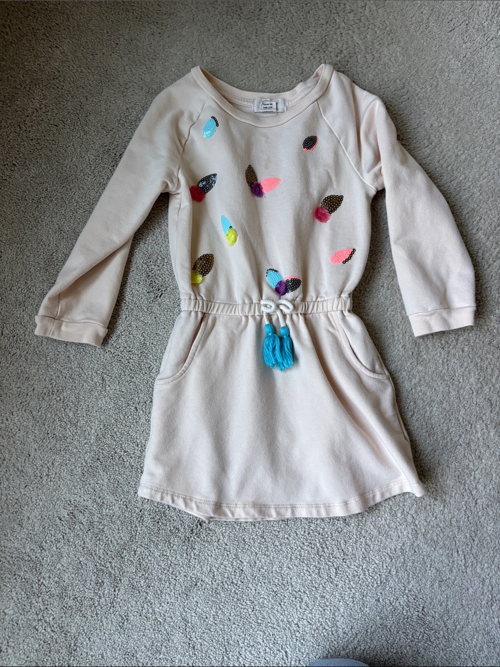 Peek Girls' Cream Tassel Drawstring Dress with Multicolor Dots